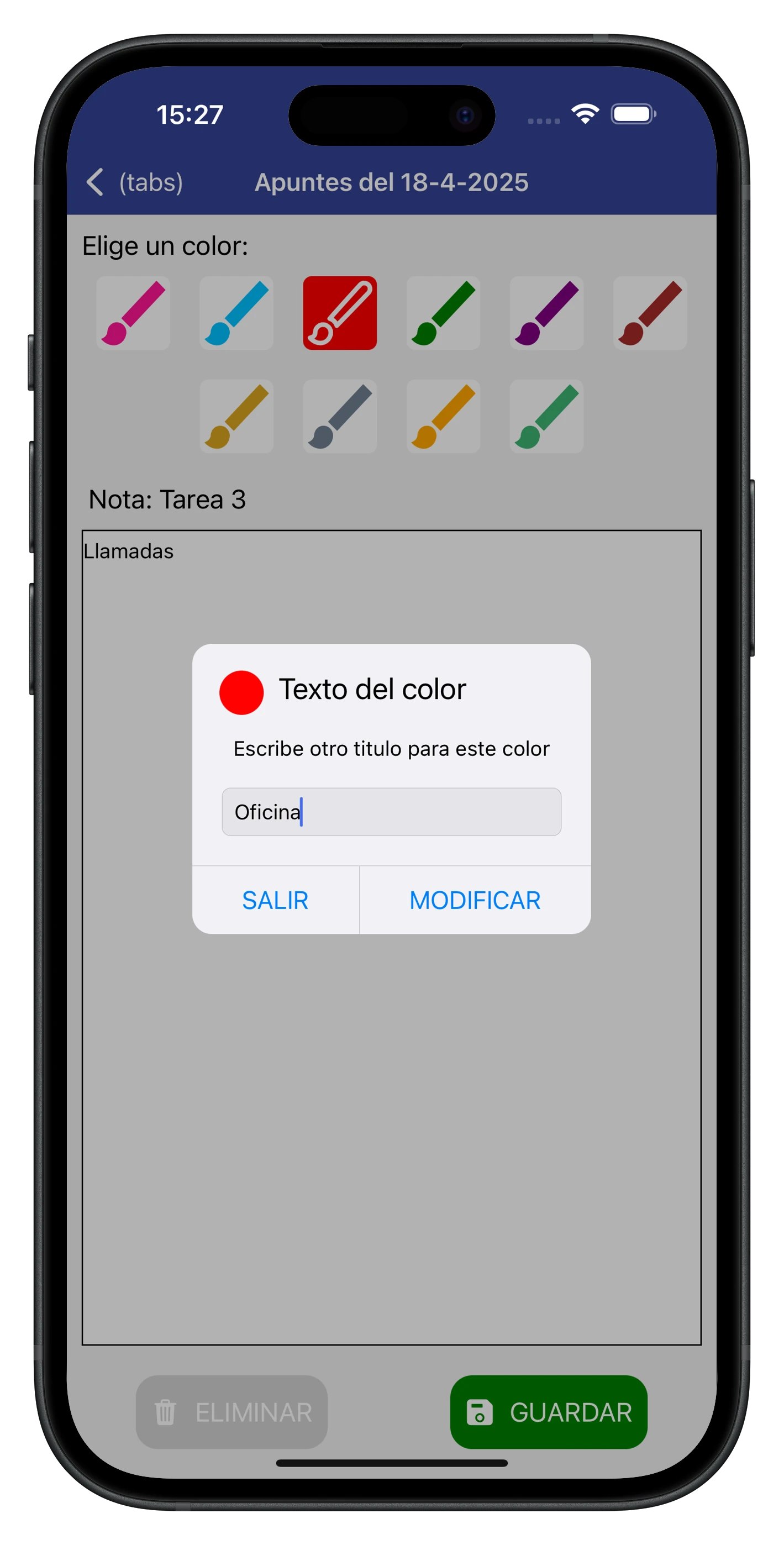 Diez colores a eligir y un cuadro de texto para escribir